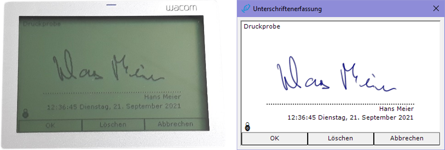 Unterschrift auf Signaturtablett (links) und als Abbild in der Geräteverwaltung (rechts)